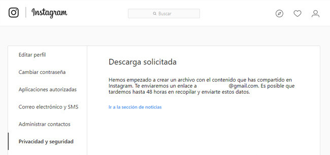 descarga solicitada de backup en isntagram